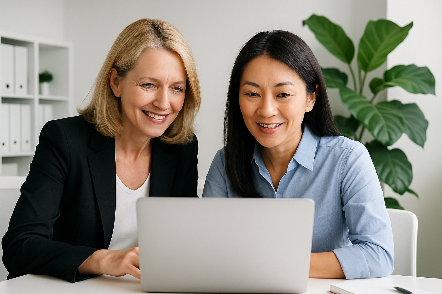 Picture of a blond lady and a azian lady of both 40 years old looking at a laptop in a white office space with a large beautiful plant in the background 